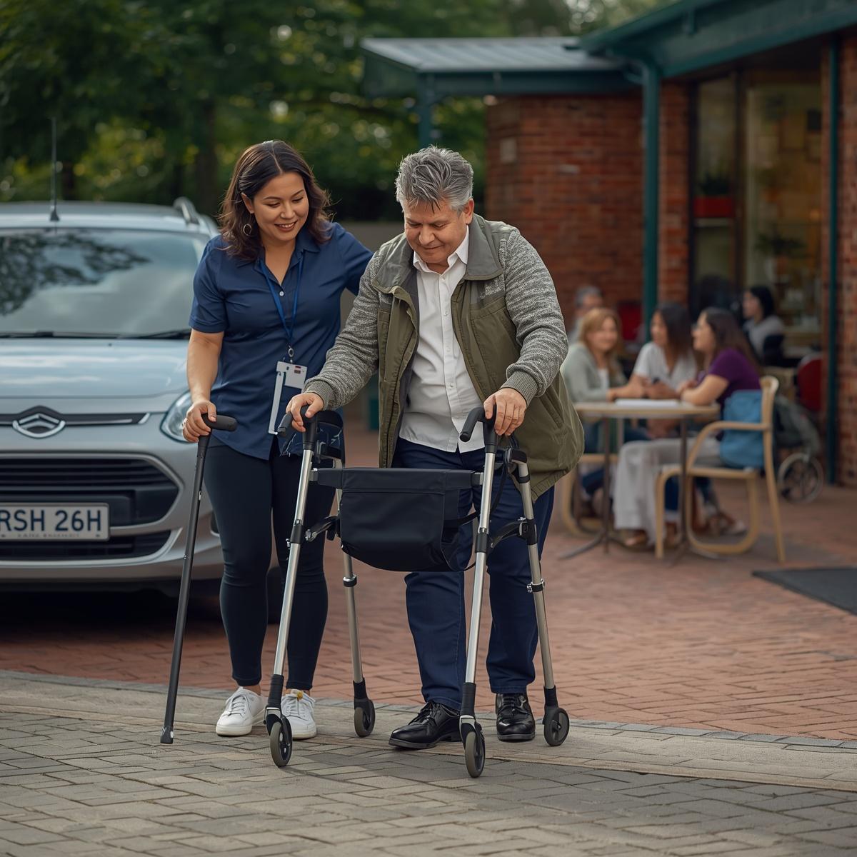 Support worker helping an older participant with a walker